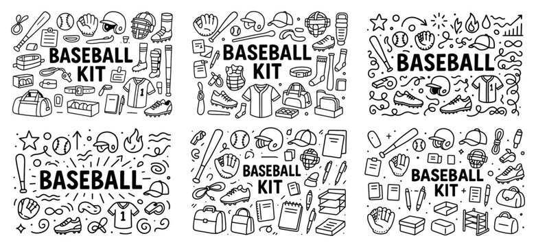 Baseball icons with bat glove ball outline