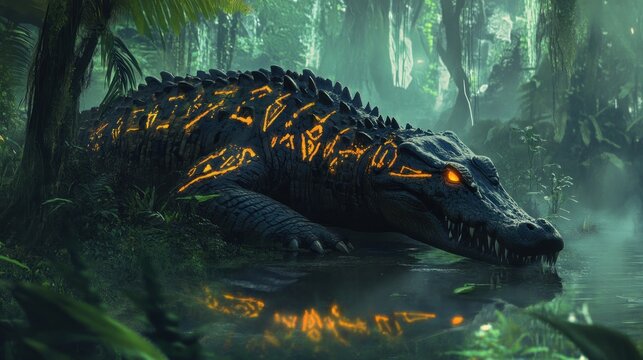 Enormous, mystical, dark alligator in a swampy jungle