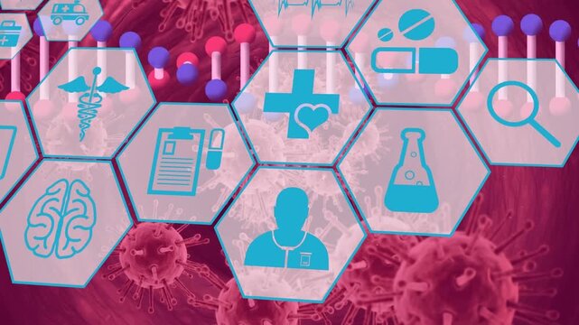 Animation of chemical icons over and viruses and dna on red background