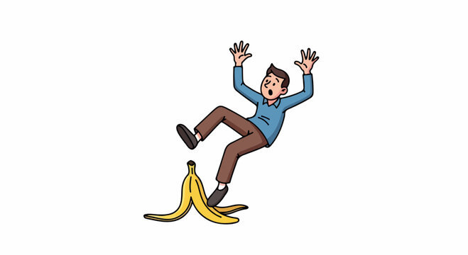 Cartoon man slipping on a banana peel with arms raised in a comical fall against a white background.