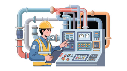 Technician Inspects Machinery: A skilled technician diligently monitors and interacts with complex machinery controls, ensuring optimal performance and efficiency within an industrial setting.