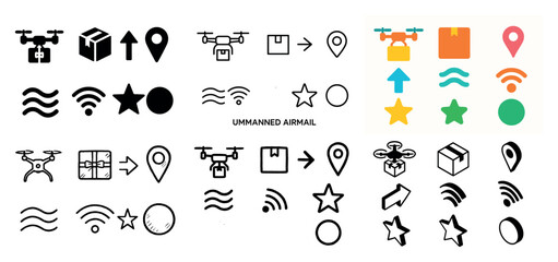 Fototapeta premium Delivery icons with drone box pin flat colorful
