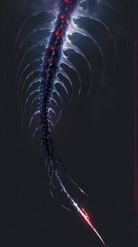 Dark fantasy creature spine with glowing red eyes and sharp tendrils against a dark background