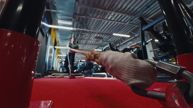 Athletic Man Prepares For A Rope Pulling Weighted Sled Exercise Along A Gym Training Track In A Modern Gym