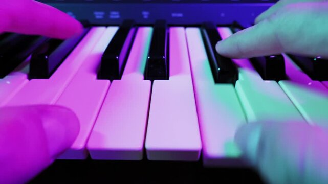 Close-up of musician hands playing chords and melodies on a synthesizer keyboard. The scene is illuminated by shifting, vibrant neon lights, cycling through blue, purple, and pink.