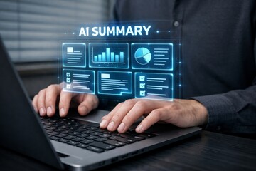 AI summary dashboard concept displayed above laptop keyboard interface. Ai generative