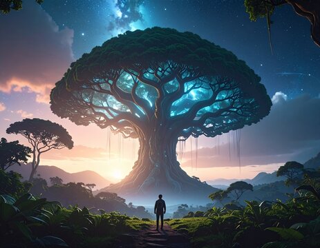 Man Stands Before a Gigantic, Luminous Tree in a Mystical Landscape at Sunset.