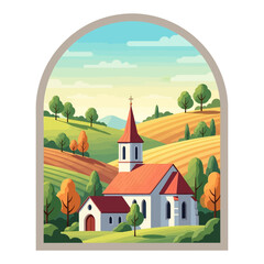 Naklejka premium Charming vector illustration of a serene rural church, red roof, steeple, nestled in rolling green hills, autumn trees, blue sky. Framed arch depicts peaceful countryside village charm