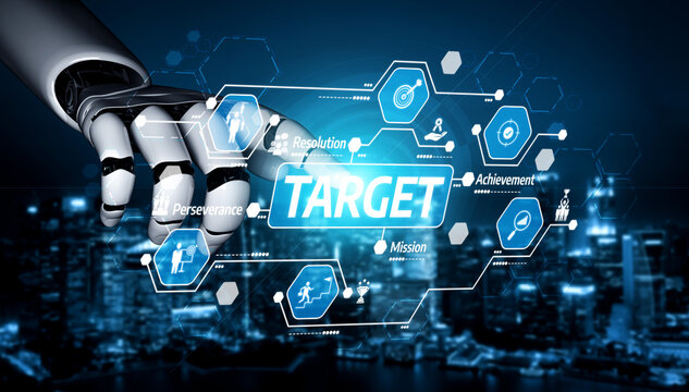 A robotic hand reaches toward a digital interface displaying concepts of target, achievement, and mission, symbolizing futuristic technology and innovation in goal-oriented strategies. Tessel