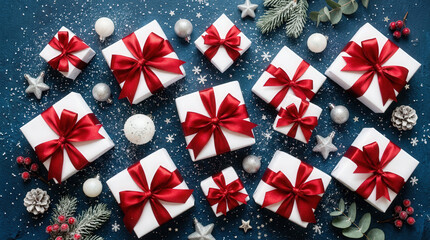 Fototapeta premium Festive Holiday Gifts with Red Ribbons and Decorative Elements on Dark Background