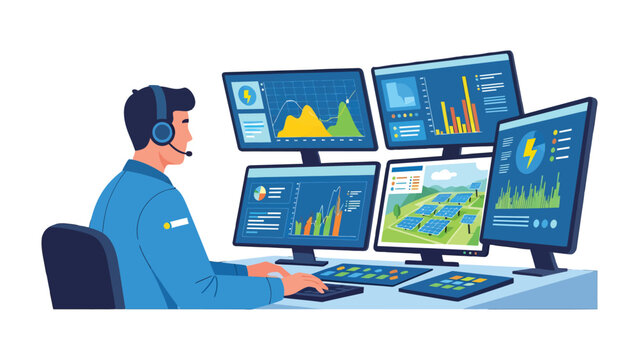 Energy Efficiency Analyst: An analyst examines a series of computer monitors displaying intricate energy data and patterns, revealing insights into optimization and sustainable resource management.