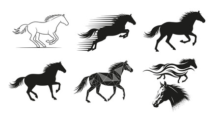 Obraz premium Dynamic running horse silhouettes including geometric low poly style and fast motion blur effect illustrations