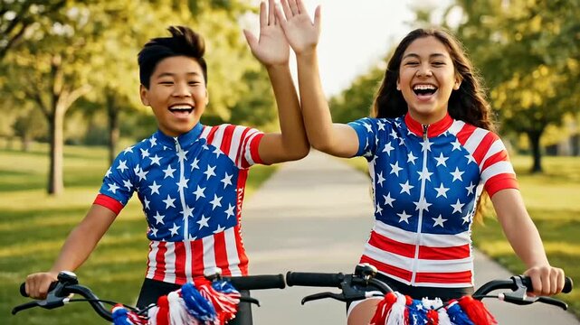 Joyful kids embracing summer adventures with a high-five on their bikes, their patriotic jerseys and handlebar tassel blur capturing the essence of active outdoor fun