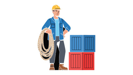 Worker with Boxes and Rope: A construction worker stands confidently, holding a coiled rope next to stacked crates, representing industry, logistics, and manual labor. © Abdul