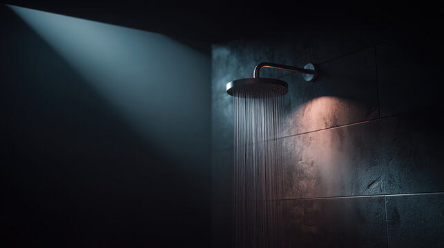 Dark bathroom shower with falling water illuminated by bright light beam creating mysterious cinematic mood and lonely emotion for solitary