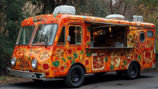 Orange food truck with pizza decorations parked outdoors with the serving window open