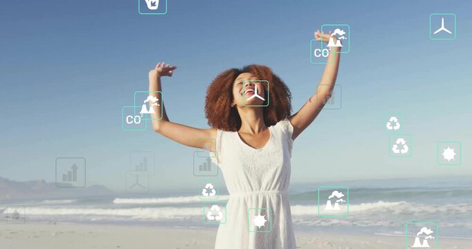 Woman placing hands behind head and breathing on shore, animating sustainability icons around frame