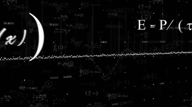 Starting dark screen, dotted waveform flowing left to right with formulas fading while showing data