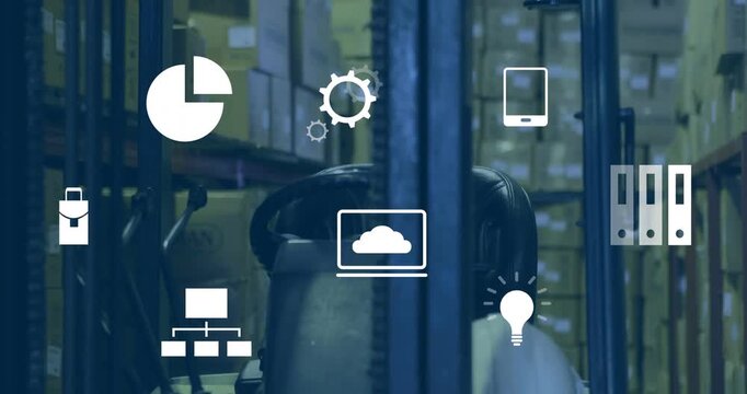 Icons materializing and flashing over parked forklift, cycling management functions visualization