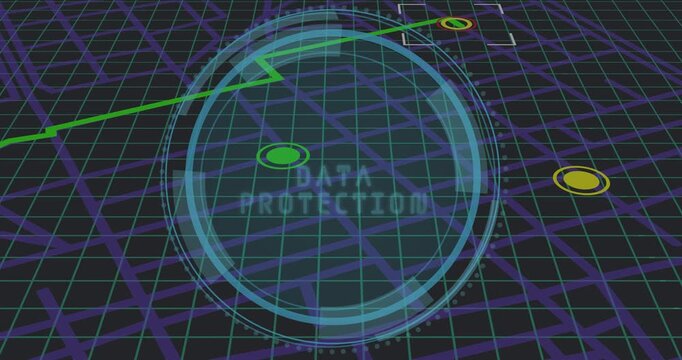 Green zigzag line entering frame activating blue shield, forming and scanning DATA PROTECTION nodes