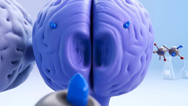 3D illustration of a blue brain with molecular structures interacting, showcasing a gradual transition from external to internal components in a laboratory setting