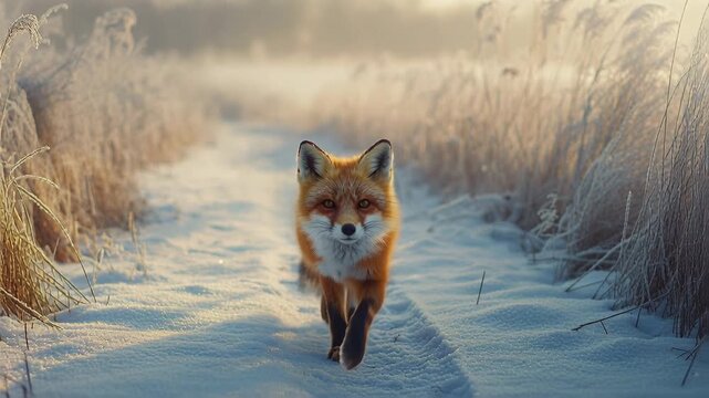 Curious red fox walking towards the camera on a snow-covered path during a frosty winter morning