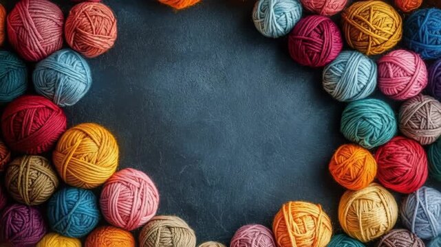 Multicolored balls of wool yarn framing a dark textured background perfect for copy space