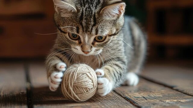 Cute tabby kitten playing with a ball of yarn on a rustic wooden floor