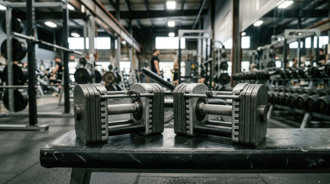 Close-up of Dumbbells on a Workout Bench in a Modern Gym Setting