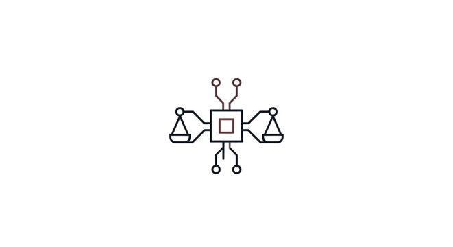 A stylized line art illustration of balanced scales with multiple arms and symbols.