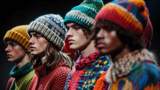 Group of diverse male models showcasing a new collection of colorful knitted winter wear on a catwalk