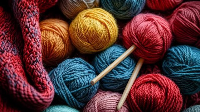 Close-up view of multicolored wool yarn balls with wooden knitting needles, a perfect hobby concept