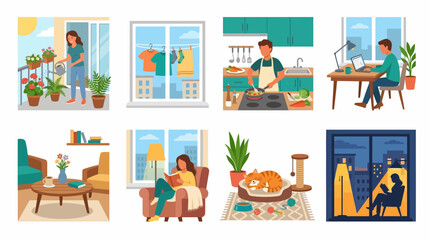 Fototapeta premium Vector illustrations of daily home life activities, depicting people engaged in common indoor tasks and relaxation. A versatile graphic asset for domestic scenes