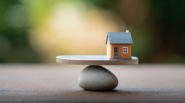 A small house model balanced on a coin and a stone, symbolizing affordable housing and financial stability.