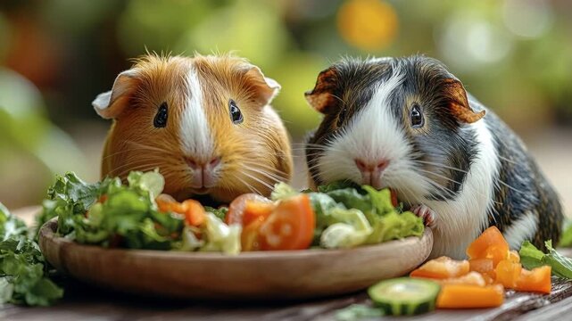 Two adorable domestic guinea pigs happily munching on a healthy meal of fresh lettuce and vegetables