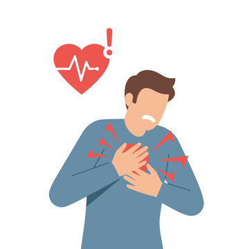 Man clutching chest in pain with heart symbol and EKG line, heart attack symptom