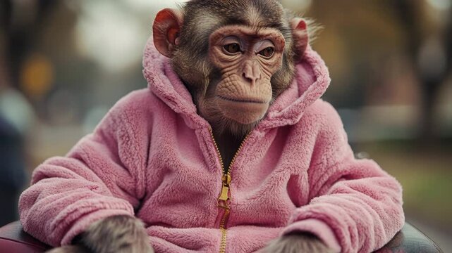 Adorable baby monkey wearing a pink fleece hoodie sitting outdoors and blinking its eyes