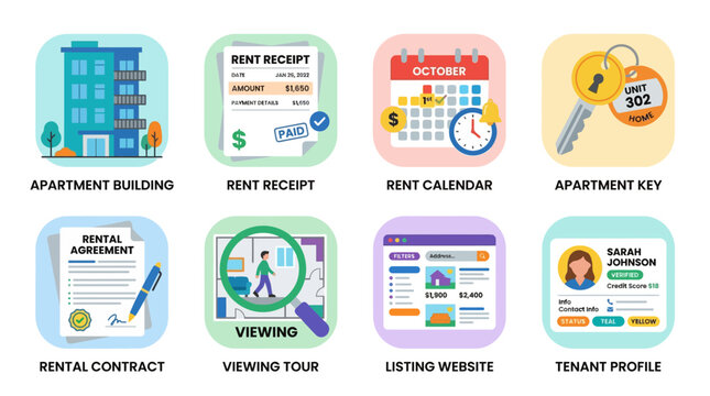 Vector illustrations for comprehensive apartment rental, covering property management, financial aspects, tenant interactions, and legal agreements