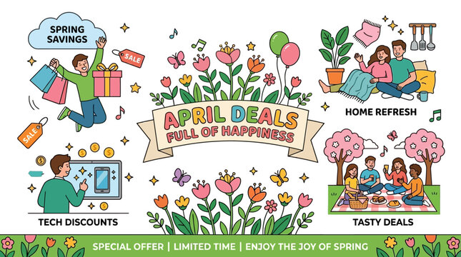 Spring Sales Banner with Happy People and Flowers