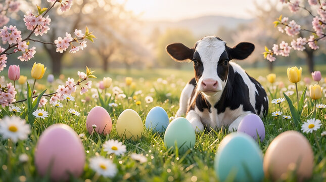 Cute Holstein Friesian cow resting in colorful spring meadow surrounded by Easter eggs and blooming flowers, cheerful Easter countryside farm scene with warm sunlight