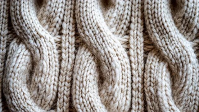 Macro close-up of a warm, handmade, beige wool sweater with a detailed cable knit pattern