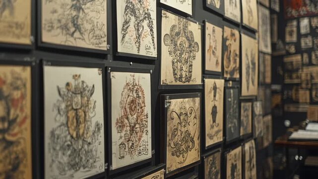 Close-up view of a wall displaying a variety of framed tattoo sketches and designs in a studio