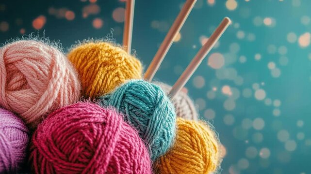Vibrant balls of wool yarn with wooden knitting needles against a shimmering blue background