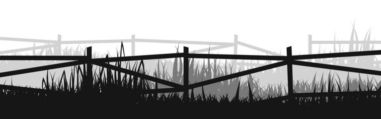 Fototapeta premium Meadow silhouettes with grass and old wooden fence. Countryside, panoramic summer lawn rural landscape with herbs, weeds. Herbal border, frame element. Black horizontal banners. Vector illustration