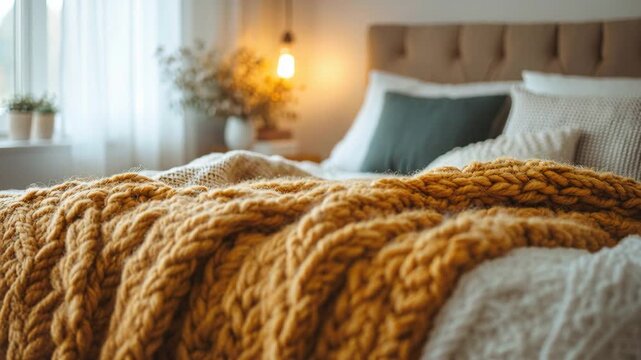 Detail of a warm mustard yellow chunky knit wool blanket on a comfortable bed in a cozy bedroom