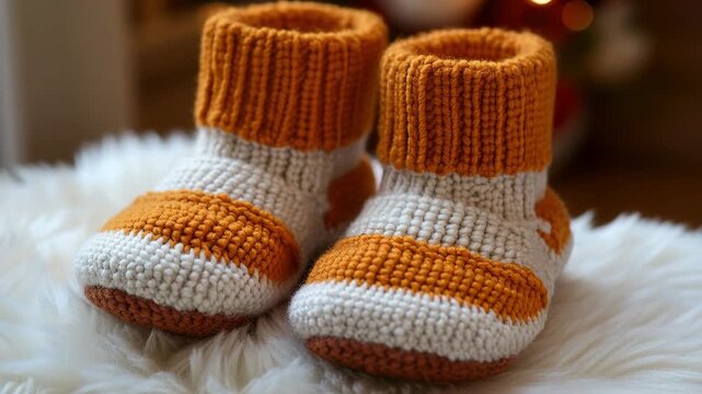Adorable orange and white striped hand-knitted baby socks resting on a soft, white sheepskin rug