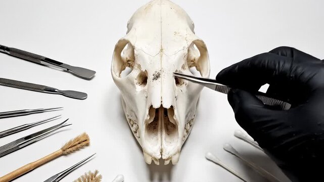Forensic Science: Cleaning and Examining Animal Skull With Tools and Gloves