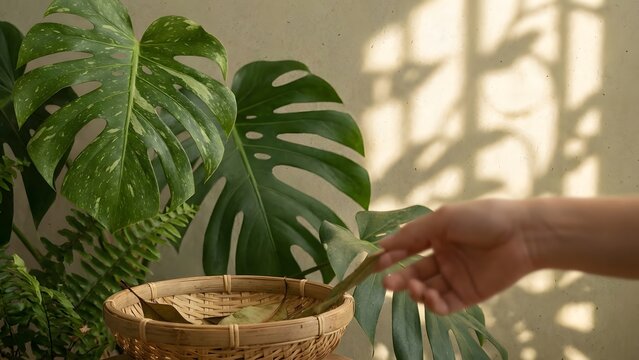 A hand reaches into a wicker basket near lush Monstera leaves with d d light on the wall