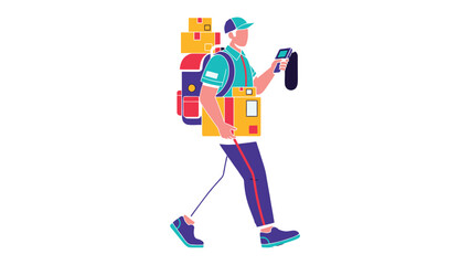 Delivery with a Smile: A vibrant illustration depicts a delivery person carrying a stack of packages while utilizing a handheld device, embodying efficiency and service. © Ajhar234