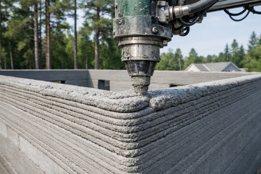 3D printing machine building concrete house wall outdoors concept image. Ai generative